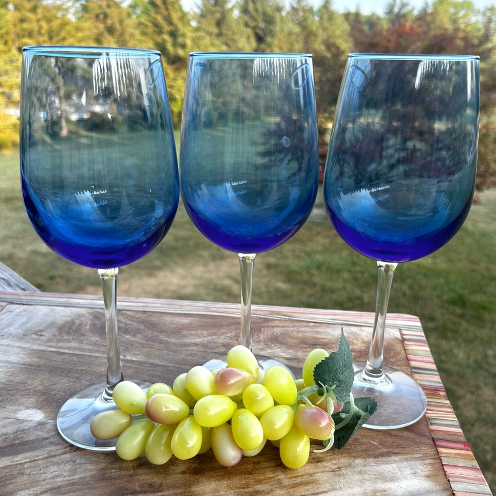 Pier 1 Cobalt Blue Balloon Clear Water Wine Goblets Stemware Set Of 3